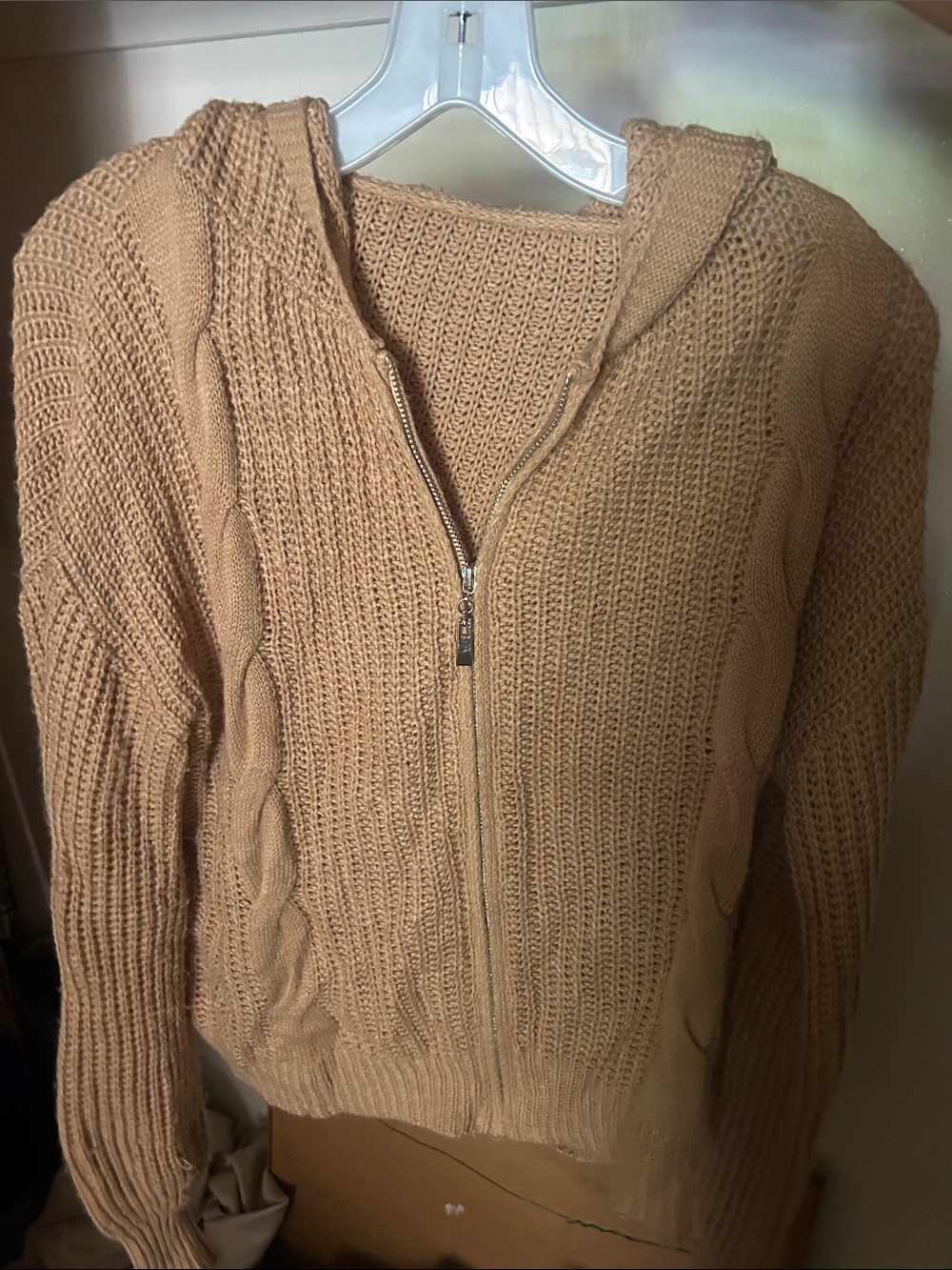 Women's Cable-Knit Zip Hoodie Sweater - Tan
